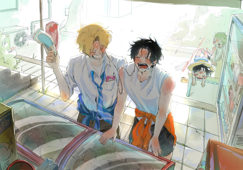 4boys, aged_down, black_eyes, black_hair, blonde_hair, body_blush, brothers, butterfly_net, c_a_k_e, closed_eyes, clothes_around_waist, cowboy_shot, day, earphones, food, freckles, full_body, green_hair, hand_net, hat, highres, ice_cream, looking_at_another, lying, male_focus, monkey_d._luffy, multiple_boys, on_stomach, one_piece, outdoors, portgas_d._ace, refrigerator, roronoa_zoro, sabo_(one_piece), scar, scar_on_cheek, scar_on_face, shade, shared_earphones, short_hair, siblings, sitting, straw_hat, sweat, tongue, tongue_out