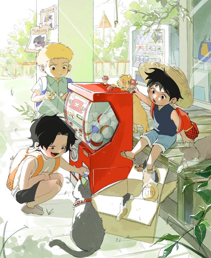3boys, aged_down, backpack, bag, black_eyes, black_hair, blonde_hair, brothers, c_a_k_e, cat, character_doll, day, freckles, full_body, hat, highres, looking_at_another, male_focus, missing_poster, monkey_d._luffy, multiple_boys, one_piece, outdoors, plant, portgas_d._ace, sabo_(one_piece), scar, scar_on_cheek, scar_on_face, short_hair, siblings, sitting, squatting, straw_hat, tony_tony_chopper, vending_machine