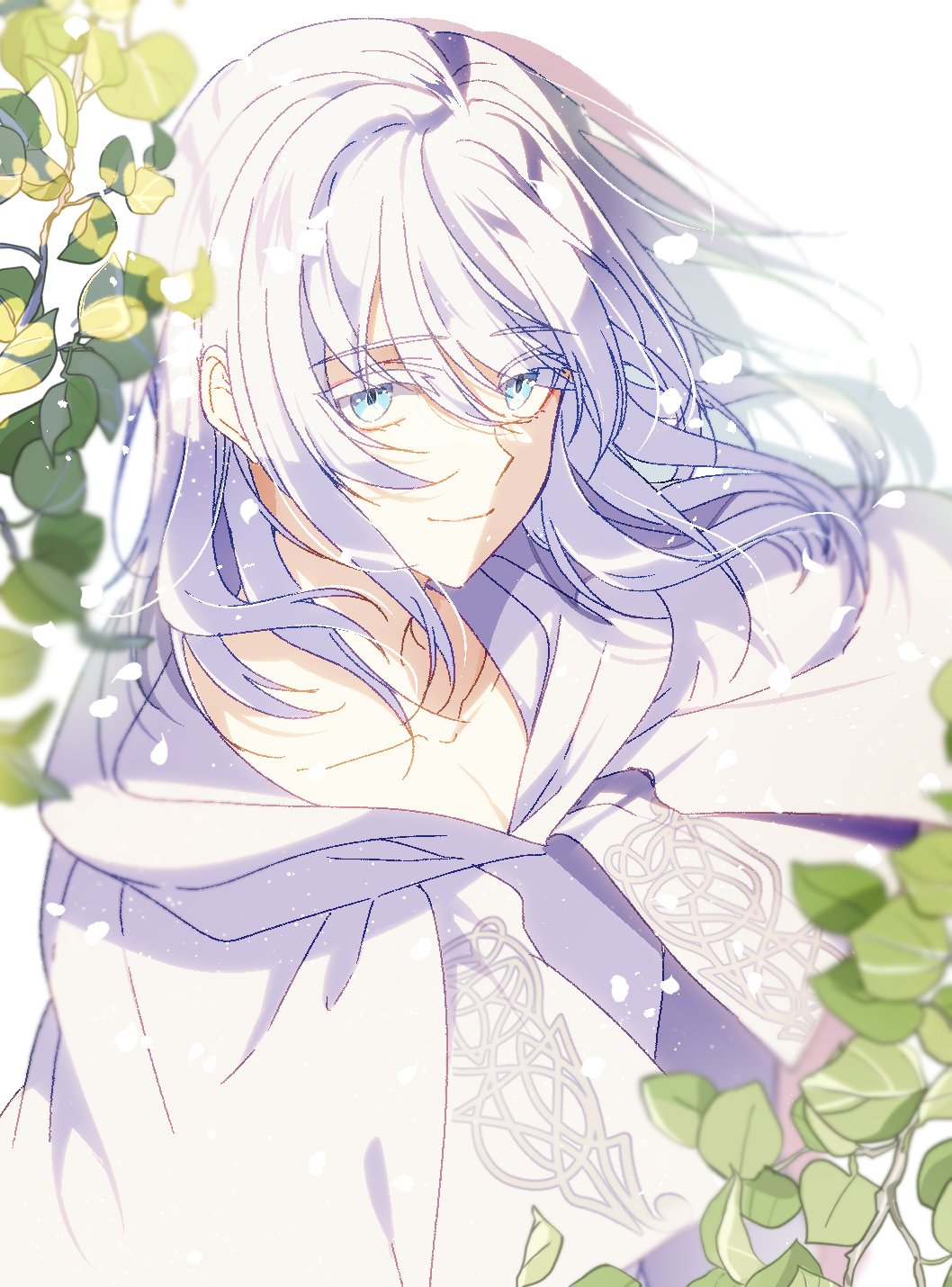1boy, androgynous, bishounen, blue_eyes, capelet, collarbone, colored_eyelashes, final_fantasy, final_fantasy_xiv, floating_hair, gungonim, highres, hood, hood_down, hooded_capelet, leaf, looking_at_viewer, male_focus, medium_hair, smile, solo, sophist's_robe_(ff14), themis_(ff14), upper_body, white_background, white_capelet, white_hair, wind