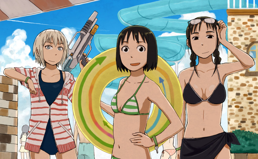 bikini, black_eyes, black_hair, blonde_hair, blue_eyes, bracelet, braid, glasses