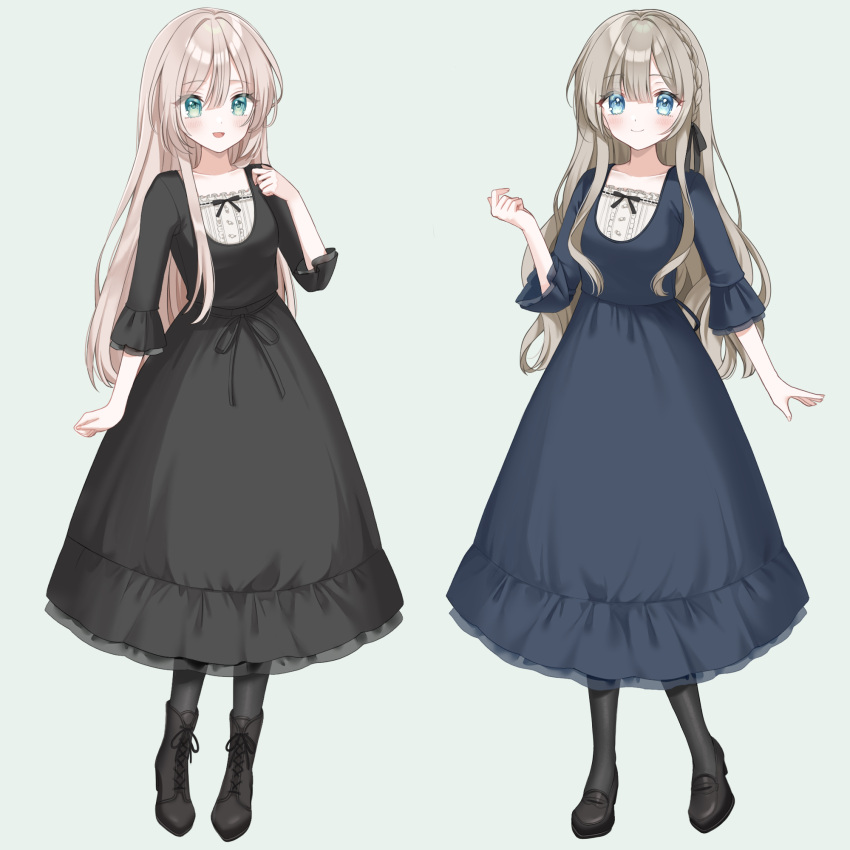 1girl, 2girls, aqua_eyes, black_bow, black_dress, black_footwear, black_pantyhose, blue_dress, blue_eyes, blunt_bangs, blush, boots, bow, braid, buttons, collarbone, cross-laced_footwear, dot_nose, dress, favorite_(company), floral_background, frilled_dress, frilled_sleeves, frills, full_body, hair_bow, hair_over_shoulder, highres, kompeitou_(lemon_garden), lace-up_boots, light_brown_hair, loafers, lolita_fashion, long_hair, long_sleeves, looking_at_viewer, multiple_girls, open_mouth, original, pantyhose, ribbon, ribbon-trimmed_clothes, ribbon_trim, see-through, see-through_sleeves, shoes, sidelocks, simple_background, smile, straight_hair, symmetrical_pose, wavy_hair