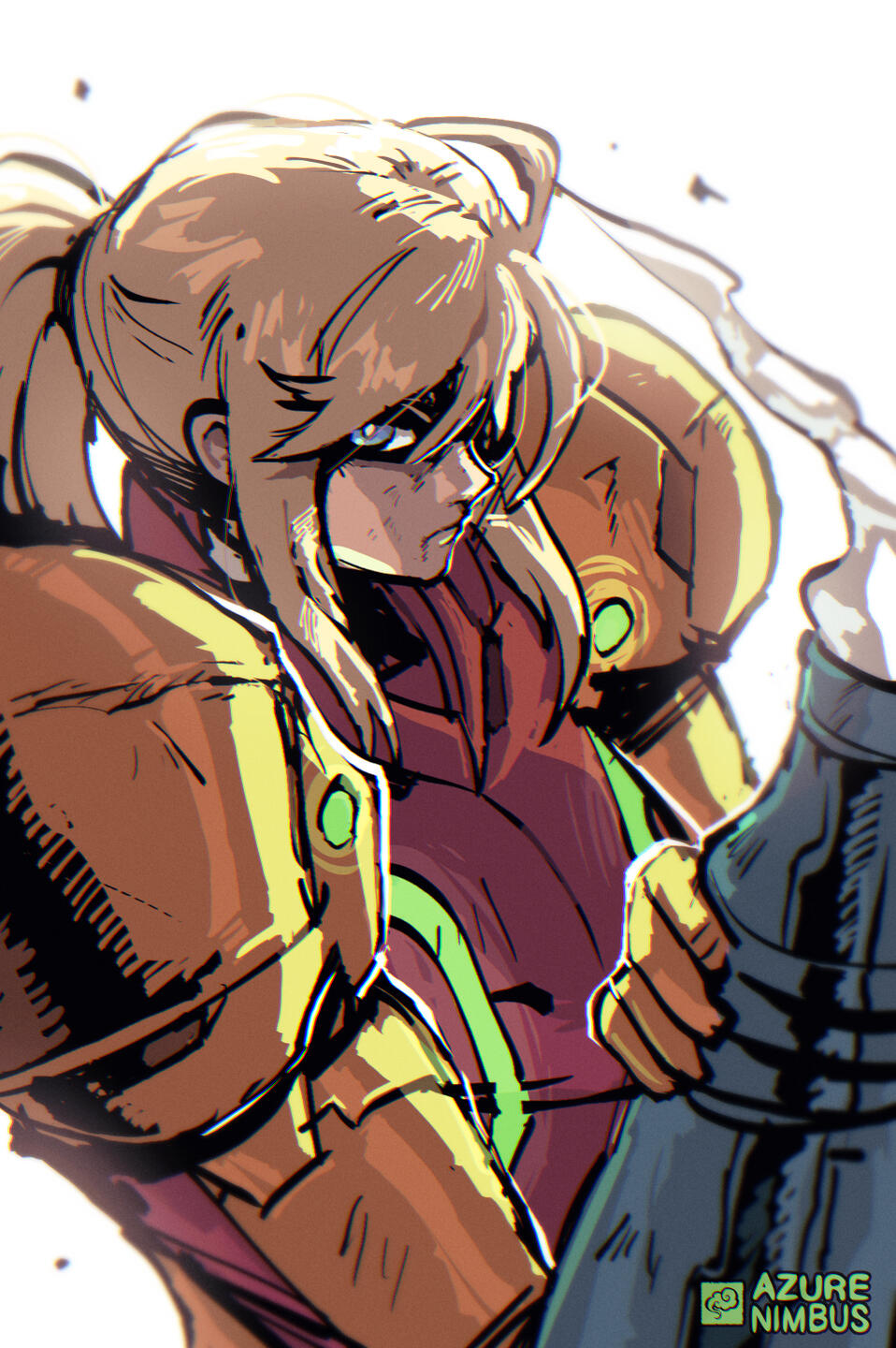 1girl, arm_cannon, armor, azure_nimbus, blonde_hair, blue_eyes, bruise, bruise_on_face, highres, injury, long_hair, looking_at_viewer, metroid, metroid_prime_4:_beyond, ponytail, power_armor, power_suit, samus_aran, varia_suit, weapon