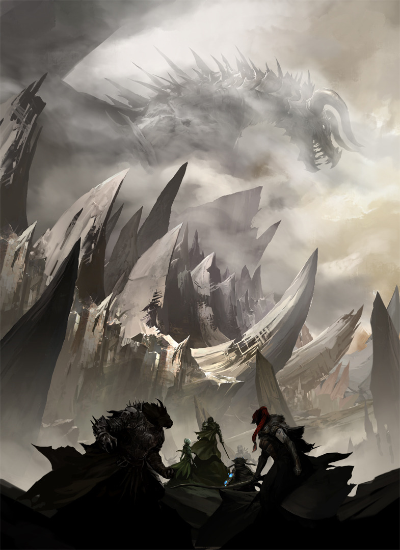 5others, animal_focus, armor, bow_(weapon), breastplate, cape, clouds, dragon