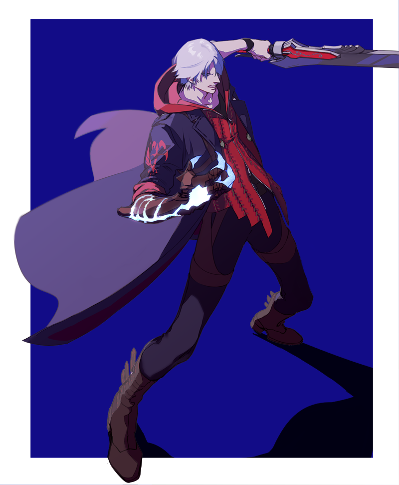 1boy, devil_may_cry_(series), devil_may_cry_4, holding, hood, jacket, nero_(devil_may_cry), nobou_(32306136)