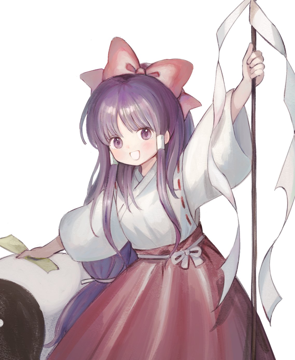 1girl, arms_up, bow, bowtie, cowboy_shot, gohei, hair_bow, hair_tubes