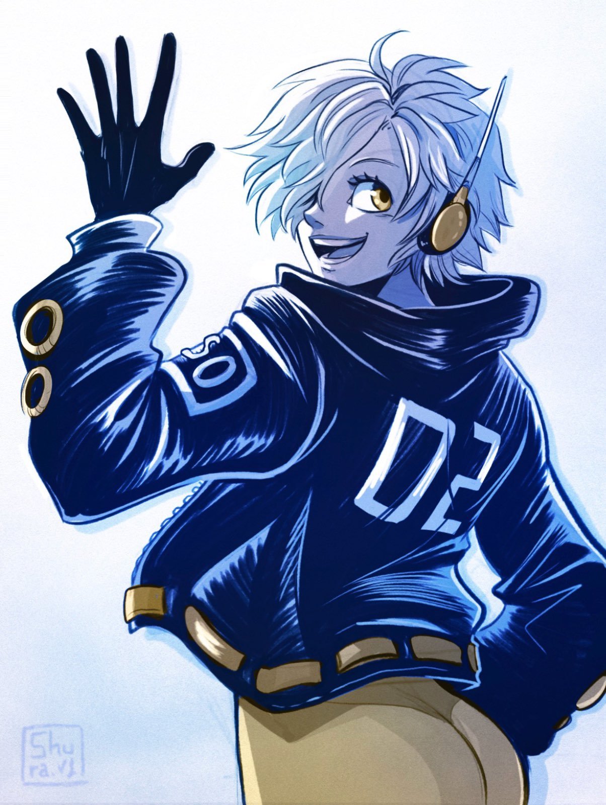 1girl, alternate_hair_color, black_gloves, bodysuit, commentary, earpiece, english_commentary, gloves