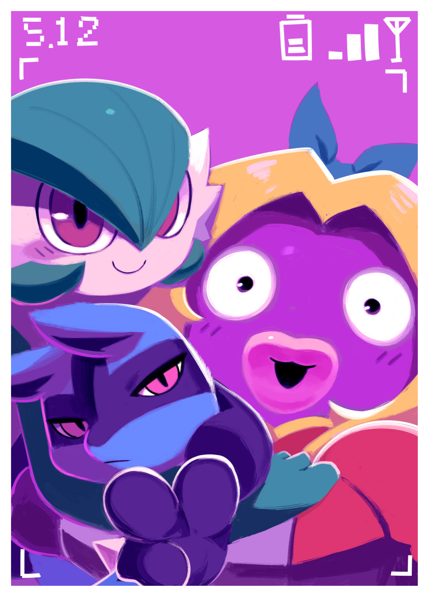 3girls, :/, :3, absurdres, animal_ears, battery_indicator, black_eyes, black_fur, blonde_hair, blue_fur, blue_ribbon, blush, blush_stickers, bob_cut, body_fur, border, closed_mouth, colored_skin, commentary, ears_down, english_commentary, furry, furry_female, gardevoir, green_hair, green_skin, hair_between_eyes, hair_intakes, hair_ribbon, half-closed_eyes, happy, highres, hug, jynx, light_blush, lips, long_hair, looking_at_viewer, lucario, multicolored_skin, multiple_girls, open_mouth, pink_lips, pokemon, pokemon_(creature), powerandy, purple_background, purple_skin, red_eyes, ribbon, selfie, short_hair, simple_background, smile, snout, timestamp, two-tone_fur, two-tone_skin, viewfinder, white_border, white_skin, wide-eyed, wolf_ears, wolf_girl