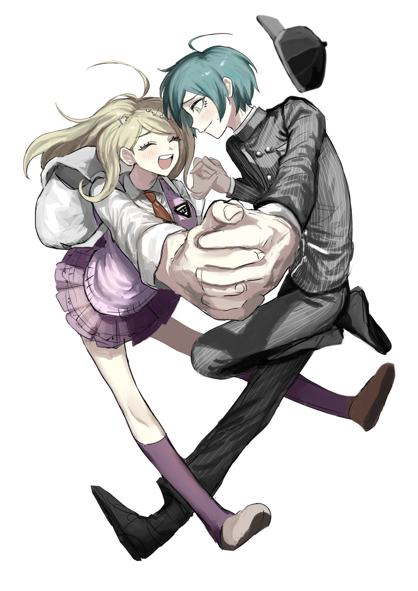 1boy, 1girl, absurdres, ahoge, akamatsu_kaede, baseball_cap, black_jacket, black_pants