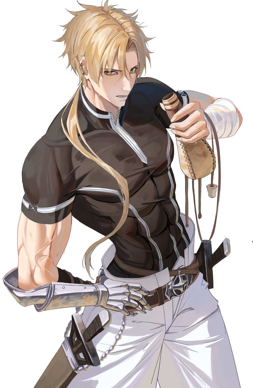 1boy, abs, absurdres, bandaged_arm, bandages, belt, black_shirt, blonde_hair