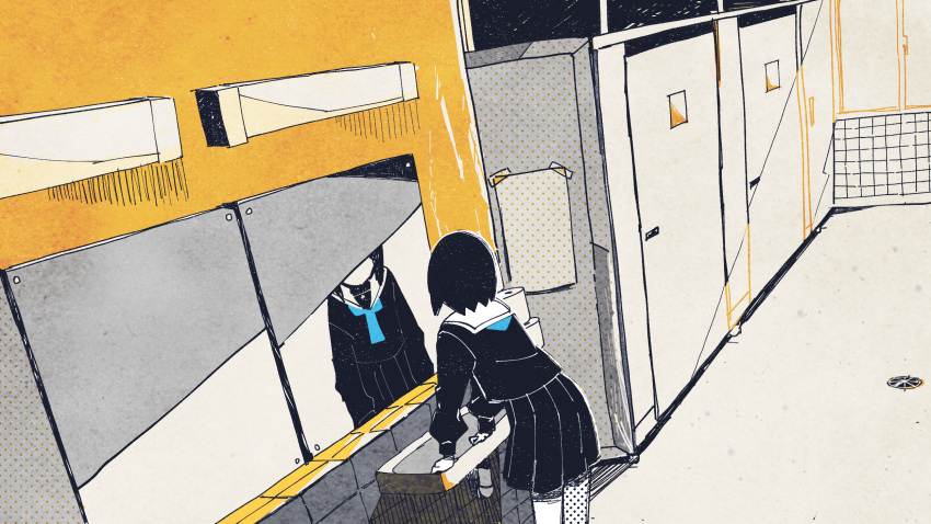 1girl, black_hair, black_serafuku, black_skirt, bob_cut, colored_skin, commentary_request, door, dutch_angle, faceless, faceless_female, fluorescent_lamp, from_behind, highres, indoors, kako_ni_torawareteiru_(tuyu), leaning_forward, leaning_on_object, long_sleeves, looking_at_mirror, magotsuki_(hurray), mirror, official_art, pleated_skirt, poster_(object), production_art, restroom, sailor_collar, school_uniform, screentones, screw, serafuku, shadow, short_hair, sink, skirt, standing, sunlight, tape, tile_wall, tiles, toilet_stall, tuyu_(band), wall_lamp, white_sailor_collar, white_skin, window
