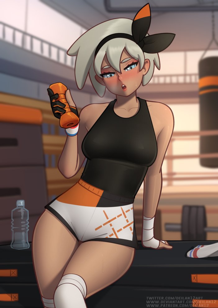 1girl, bandaged_hand, bandages, bare_shoulders, bea_(pokemon), black_hairband, black_tank_top, blush