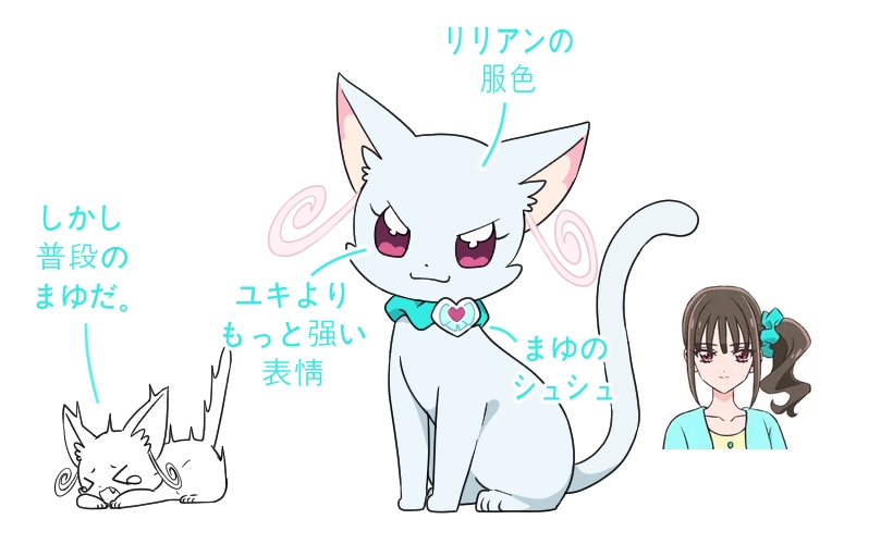 1girl, @est@, brown_hair, cat, collar, collar_charm, commentary_request, dress, hair_ornament, hair_scrunchie, nekoyashiki_mayu, pink_eyes, precure, scrunchie, side_ponytail, simple_background, tail, translation_request, white_fur, wonderful_precure!