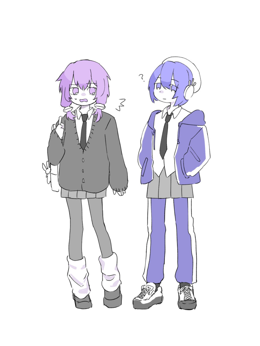 2girls, ?, ^^^, alternate_costume, bag, beret, black_cardigan, black_necktie