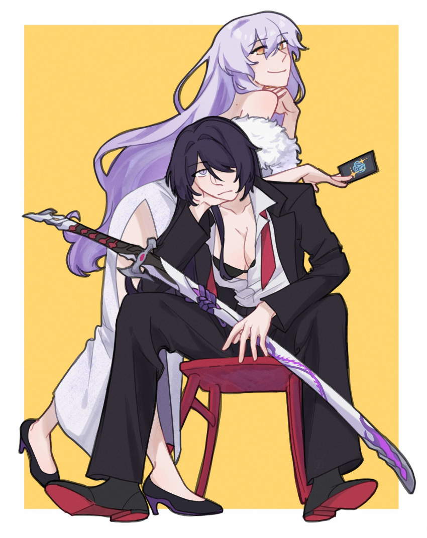 2girls, acheron_(honkai:_star_rail), black_bra, black_footwear, black_pants, black_suit, black_swan_(honkai:_star_rail), bra, breasts, card, charathegay, dress, fur_trim, hair_over_one_eye, hand_on_own_face, head_tilt, high_heels, highres, holding, holding_sword, holding_weapon, honkai:_star_rail, honkai_(series), katana, leaning_forward, leaning_on_person, long_hair, mole, multiple_girls, necktie, on_chair, pants, pink_hair, purple_hair, red_necktie, shirt, side_slit, simple_background, sitting, suit, sword, underwear, violet_eyes, weapon, white_dress, white_fur, white_shirt, yellow_eyes, yuri