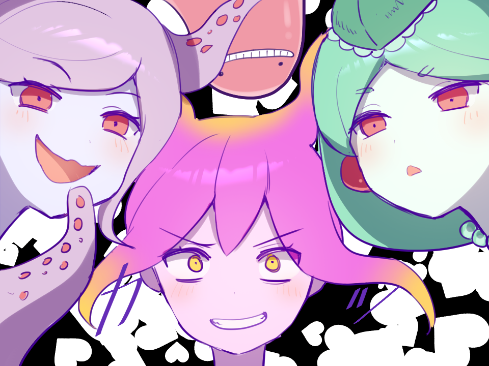 colored_skin, elbowing, evil_grin, evil_smile, green_skin, grin, jellyfish_girl, marina_(omori)