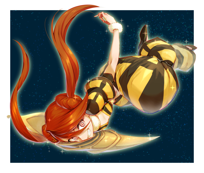 1girl, bee_costume, bleach, bleach:_zanpakutou_ibun_hen, border, brown_eyes, commentary_request, floating_hair