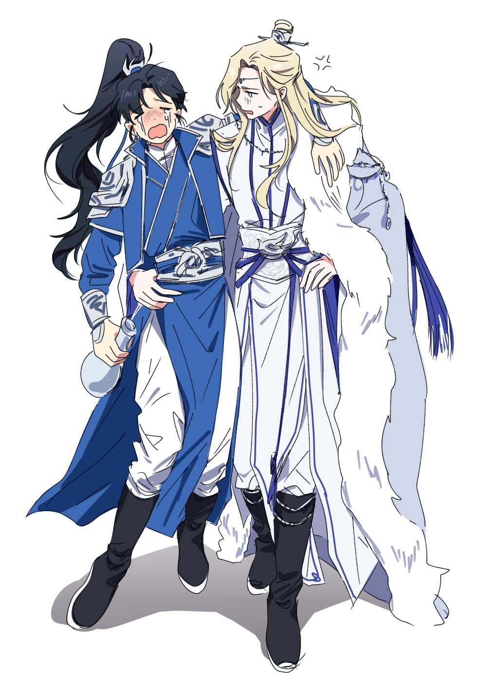 2boys, anger_vein, arm_around_shoulder, armor, black_footwear, blonde_hair, blue_eyes, blue_hanfu, blue_ribbon, blush, boots, bottle, bujang, cape, chinese_clothes, circlet, closed_eyes, crying, erha_he_tadebai_mao_shizun, full_body, fur-trimmed_cape, fur_trim, hair_bun, hair_ribbon, hand_on_own_hip, hanfu, high_ponytail, highres, holding, holding_bottle, jewelry, korean_commentary, leaning_on_person, long_hair, looking_at_another, male_focus, mei_hanxue_(younger), multiple_boys, necklace, open_mouth, pants, ribbon, sash, shadow, shoulder_armor, simple_background, sweatdrop, white_background, white_hanfu, white_pants, xiao_guan_(headdress), xue_meng