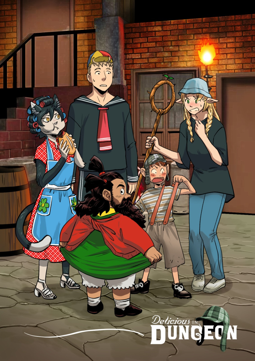2girls, 3boys, animal_ears, apron, barrel, beard, black_fur, black_hair