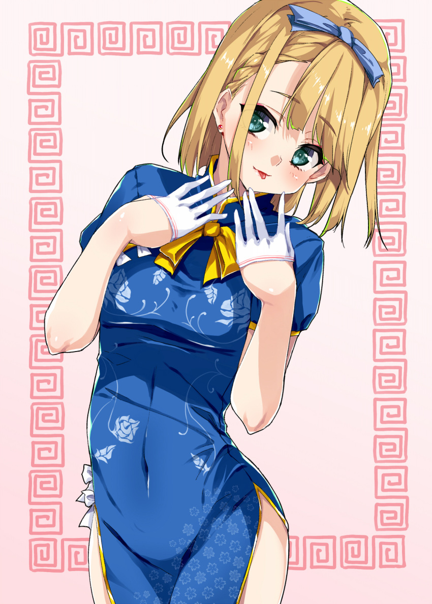 22/7, :p, blonde_hair, blue_hairband, blue_ribbon, china_dress, chinese_clothes, cowboy_shot, dress, green_eyes, hair_ribbon, hairband, hands_on_own_chest, highres, kisairo_kaede, ribbon, saito_nicole, short_hair, standing, tongue, tongue_out