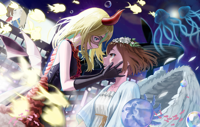 2girls, angel_wings, black_dress, black_gloves, blonde_hair, blue_eyes, brown_eyes, brown_hair