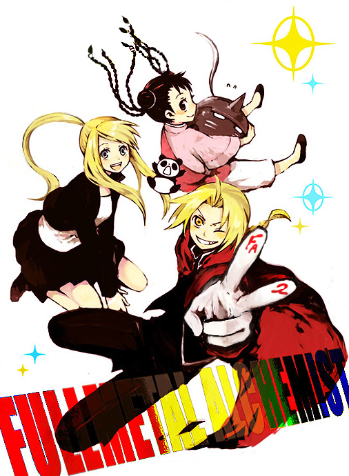 blonde_hair, edward_elric, fullmetal_alchemist, grin, kuwahara_souta, may_chang, multiple_braids, panda