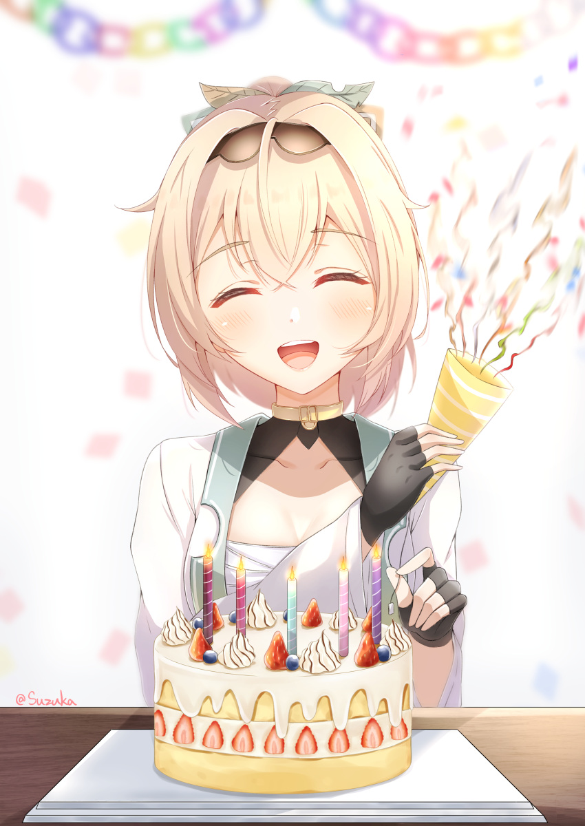 1girl, absurdres, birthday_cake, black_gloves, blonde_hair, blush, cake, candle
