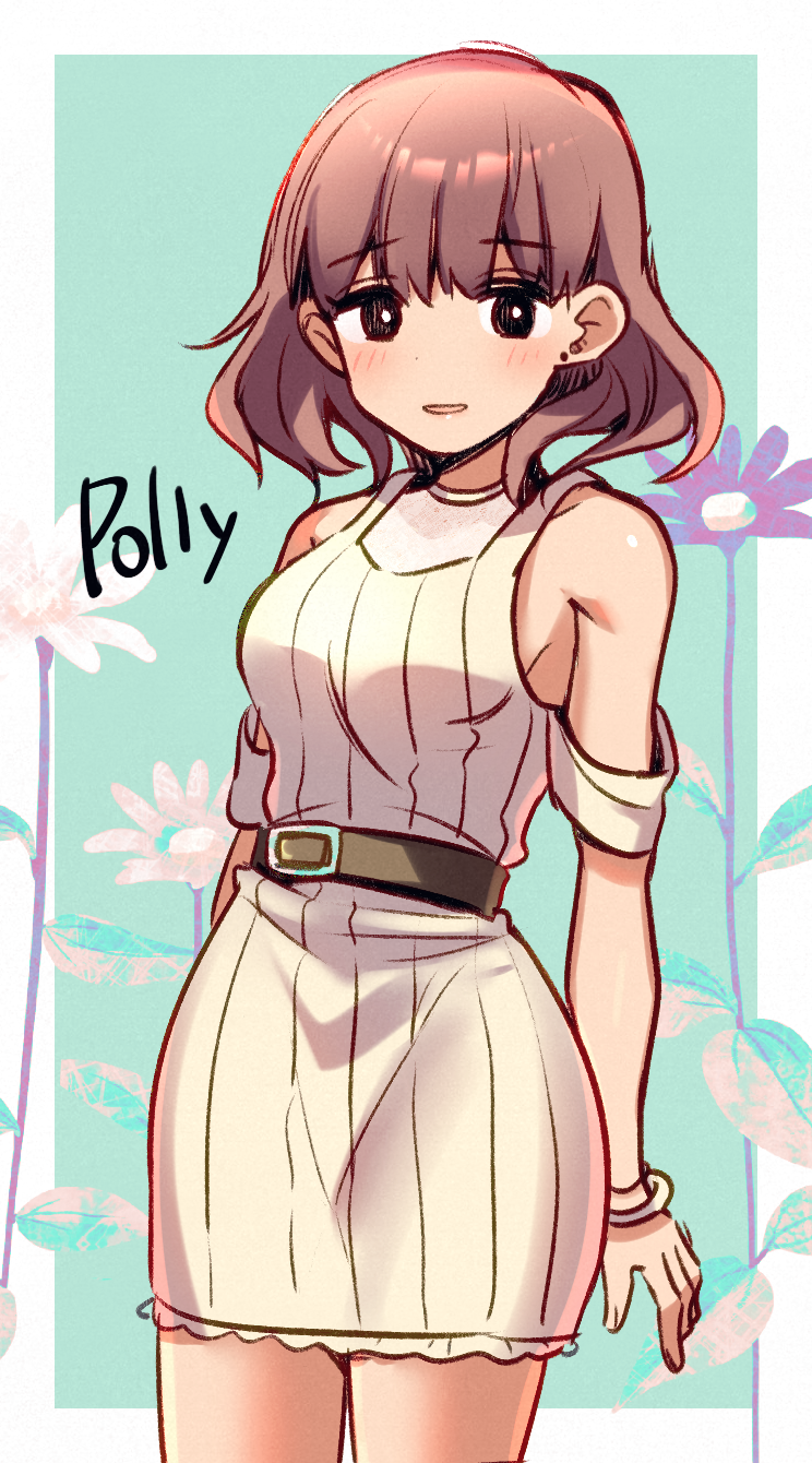 1girl, bare_shoulders, belt, blunt_bangs, blush, bracelet, brown_eyes, brown_hair