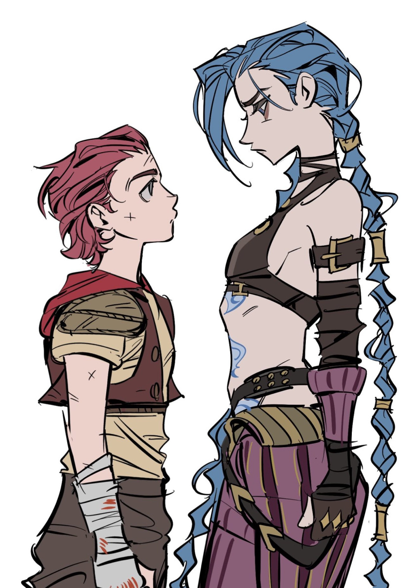 2girls, aged_down, arcane:_league_of_legends, arcane_jinx, arm_tattoo, asymmetrical_bangs, braid, breasts, brown_choker, choker, cloud_tattoo, ggooww7, highres, jinx_(league_of_legends), league_of_legends, multiple_girls, pants, pink_pants, shoulder_tattoo, small_breasts, stomach_tattoo, striped_clothes, striped_pants, tattoo, twin_braids, vi_(league_of_legends)