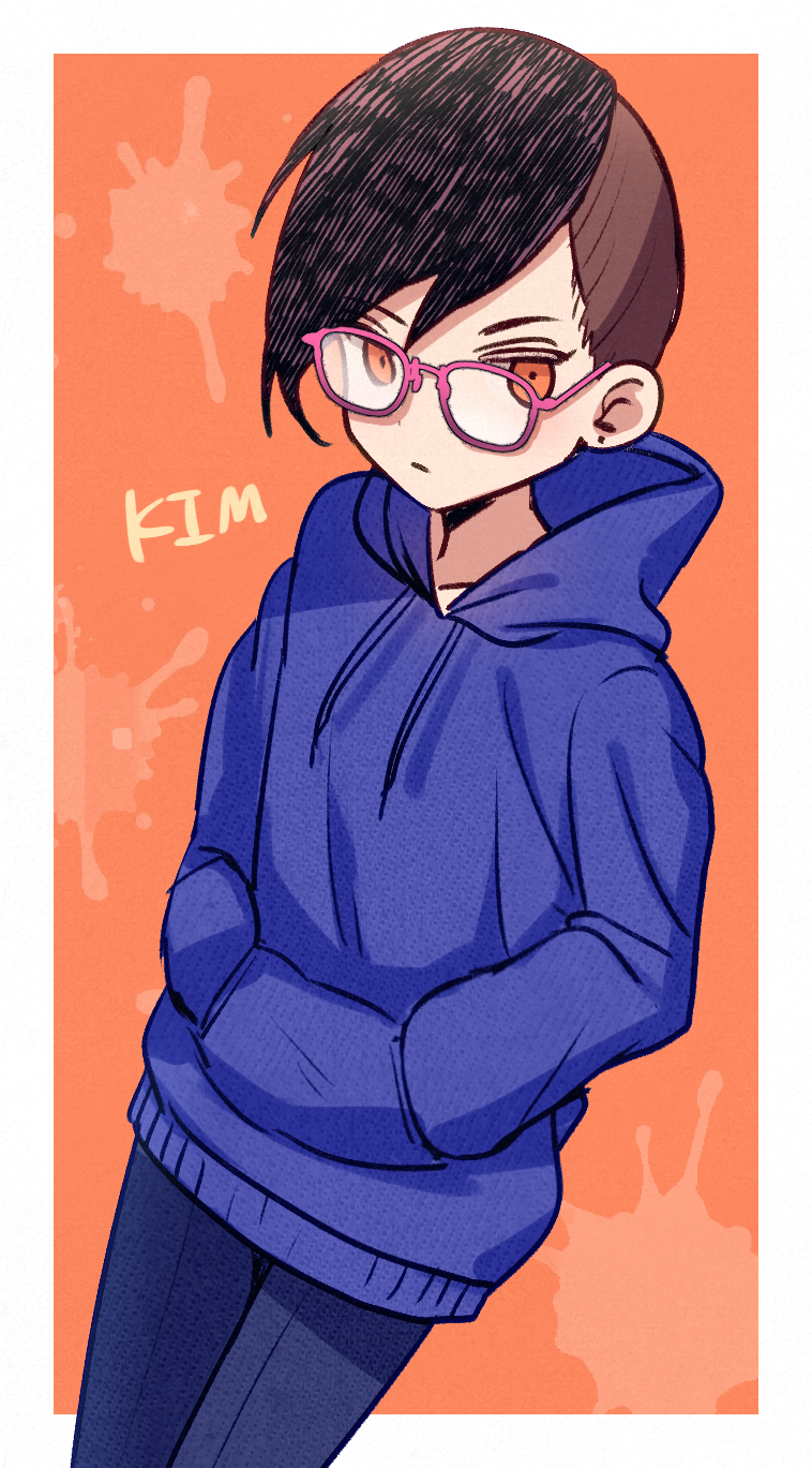 blue_hoodie, brown_eyes, brown_hair, dark_skin, expressionless, glasses, highres, hood