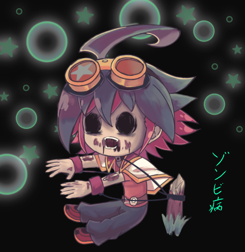 1boy, arms_up, belt, black_background, bound, chibi, goggles, goggles_on_head