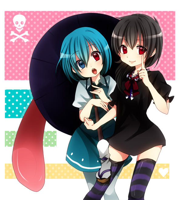 amaya_enaka, black_hair, blue_eyes, blue_hair, dress, head_tilt, heterochromia, houjuu_nue
