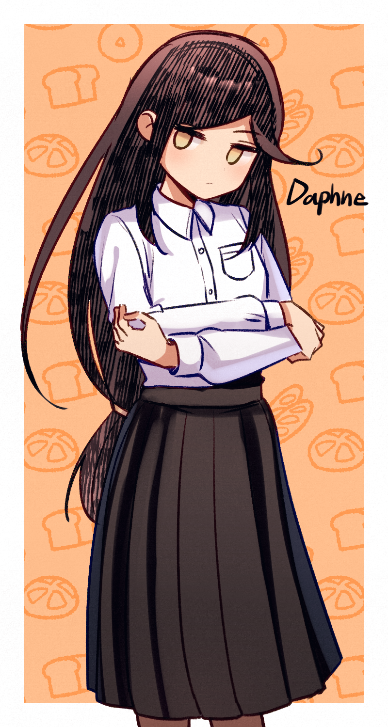 1girl, black_hair, border, brown_skirt, character_name, closed_mouth, commentary_request, daphne_(omori)