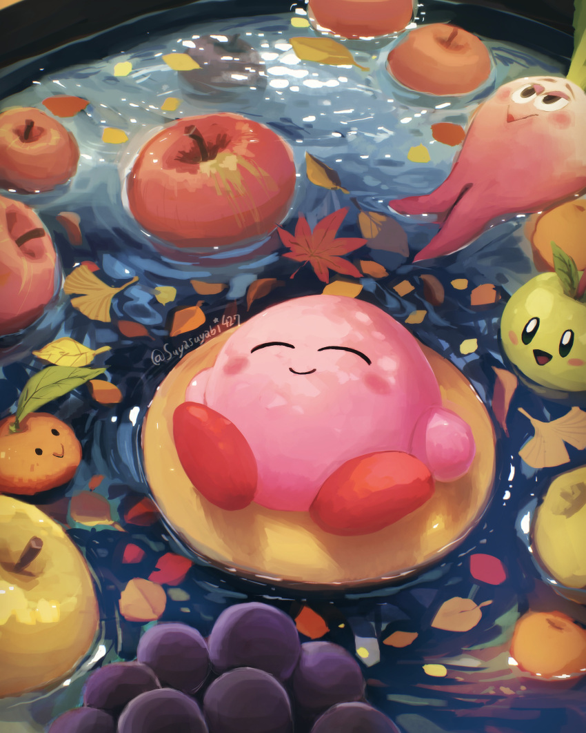 absurdres, afloat, apple, autumn_leaves, blush_stickers, closed_eyes, closed_mouth, commentary_request