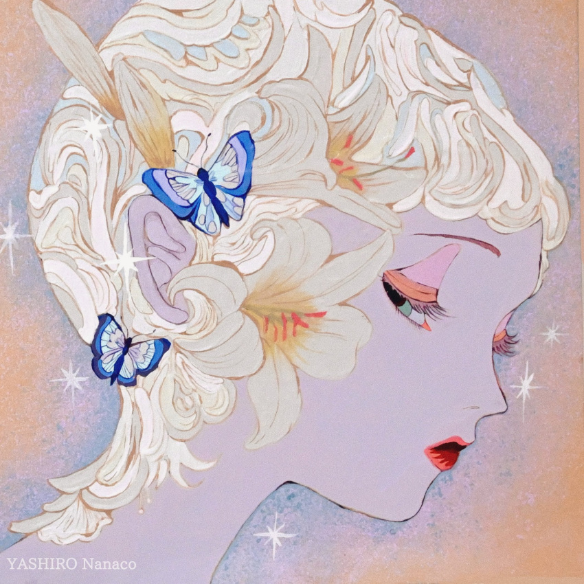 1girl, abstract, acrylic_gouache_(medium), aqua_eyes, artist_name, blonde_hair, blue_butterfly, bob_cut
