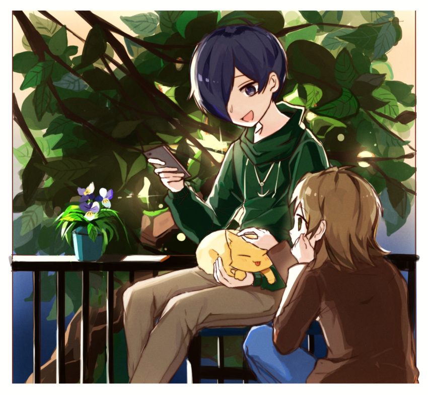 2boys, aiba_ibuki, anchor_necklace, animal_on_lap, black_eyes, black_hair, blue_pants, brown_hair