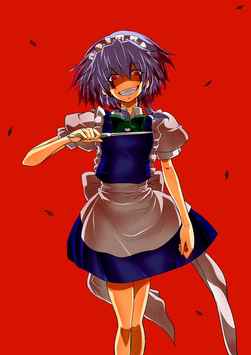 grin, izayoi_sakuya, jin_kashiwagi, knife, maid, maid_headdress, red_eyes, short_hair