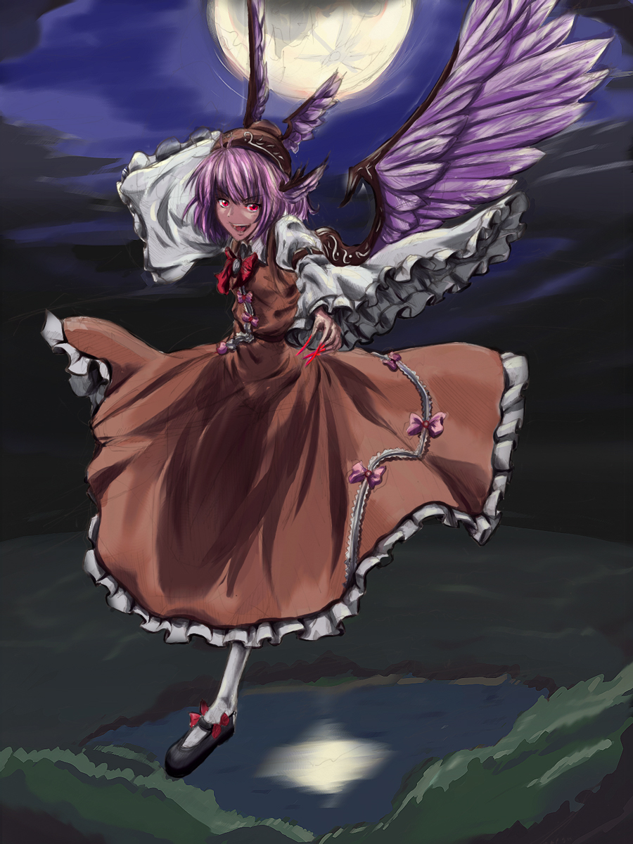 hat, highres, lake, m134, moon, mystia_lorelei, night, pink_hair