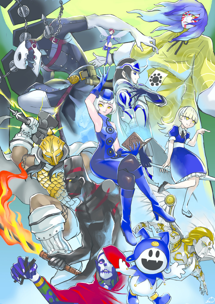 3girls, 6+boys, absurdres, alice_(megami_tensei), black_hair, blonde_hair, blue_eyes, blue_footwear