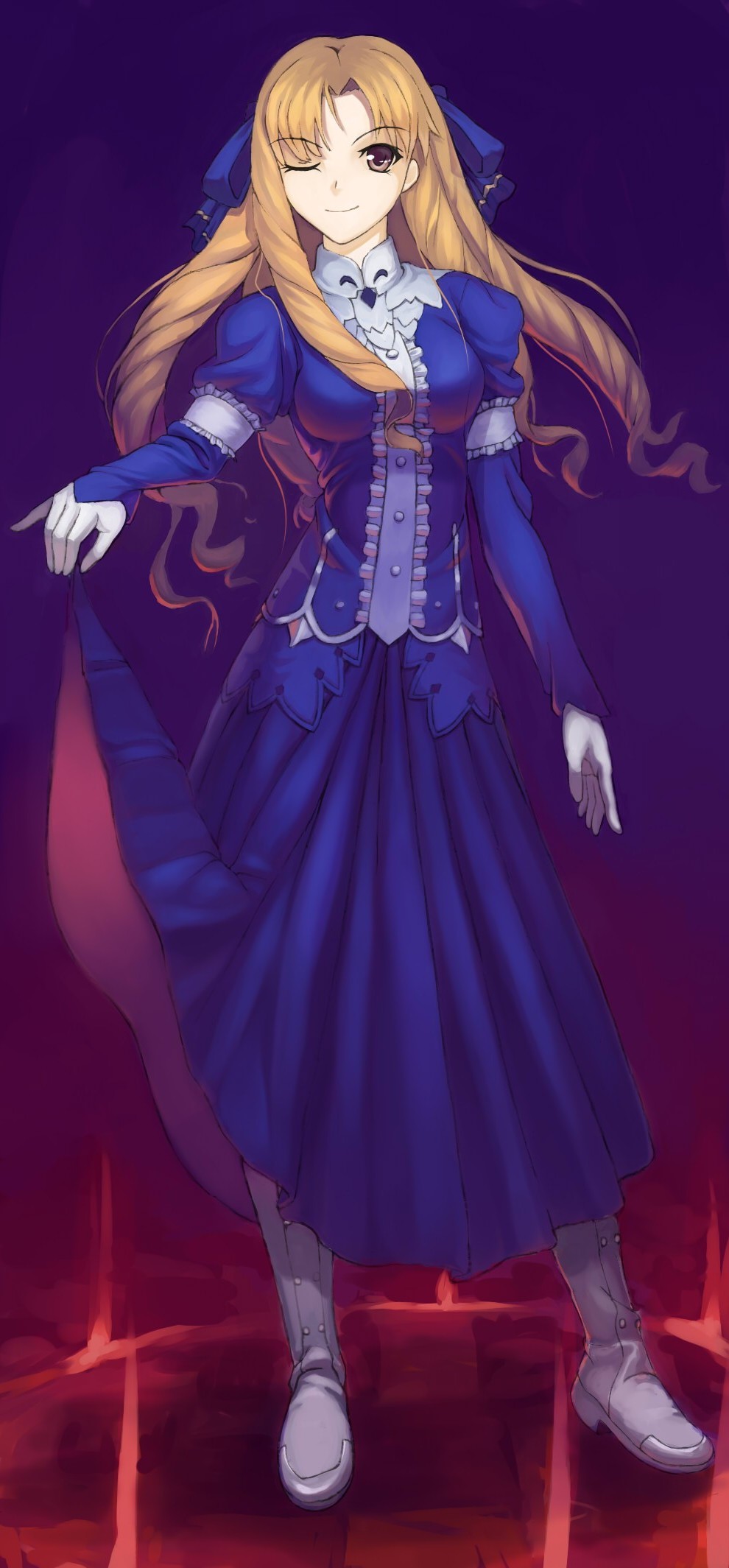 blonde_hair, boots, drill_hair, fate/hollow_ataraxia, fate/stay_night, fate_(series), hair_ribbon, highres, luviagelita_edelfelt, ribbon, skirt, skirt_lift, solo, takahito, wink