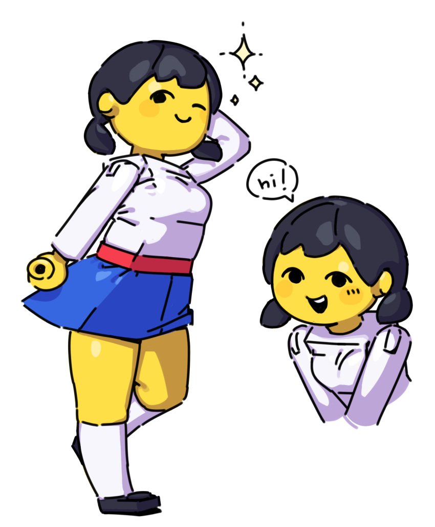 1girl, black_footwear, blue_skirt, breasts, colored_skin, hair_behind_ear, highres, long_sleeves, looking_at_viewer, meen, multiple_views, red_skirt, skirt, small_breasts, smile, socks, solo, sparkle, speech_bubble, sweater, the_lego_group, white_socks, white_sweater, yellow_skin