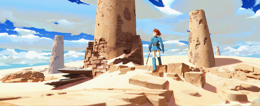 1girl, absurdres, belt, blue_footwear, blue_gloves, blue_shirt, blue_sky, blurry