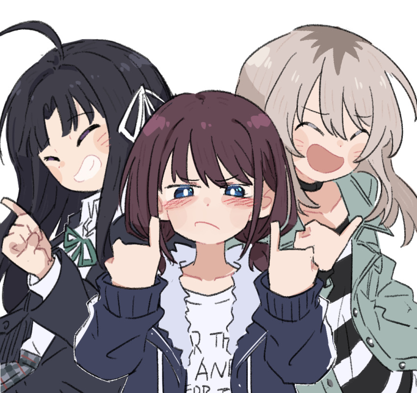 3girls, ^_^, ahoge, awa_subaru, black_choker, black_hair, black_jacket, blue_eyes