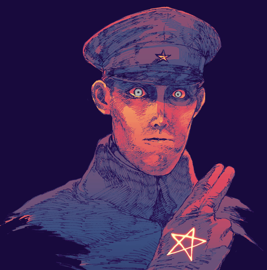 1boy, cape, colored_skin, cropped_shoulders, empty_eyes, glowing_symbol, grey_eyes, hand_up, hat, high_collar, katou_yasunori, kuji-in, limited_palette, looking_at_viewer, male_focus, military_hat, peaked_cap, pentagram, portrait, purple_background, purple_cape, purple_hat, red_skin, shiso_i4, simple_background, solo, teito_monogatari, wide-eyed