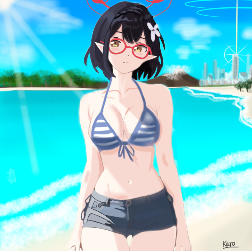 ayane_(blue_archive), ayane_(swimsuit)_(blue_archive), beach, bikini, bikini_top_only, blue_archive, blue_bikini, blush