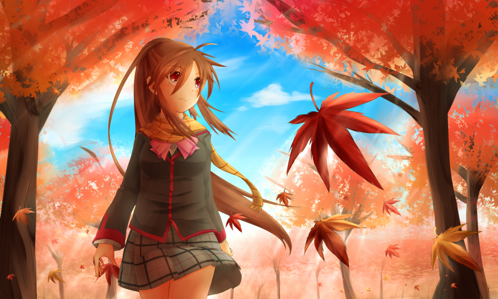 brown_hair, konaa, leaf, little_busters!!, long_hair, natsume_rin, plaid, plaid_skirt