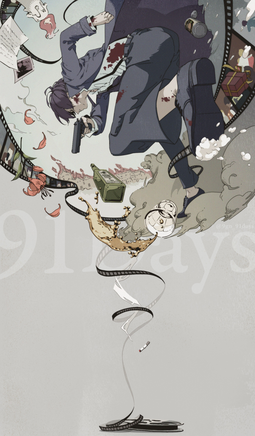 1boy, 91_days, alcohol, avilio_bruno, blood, blood_on_clothes, blood_on_face, bottle