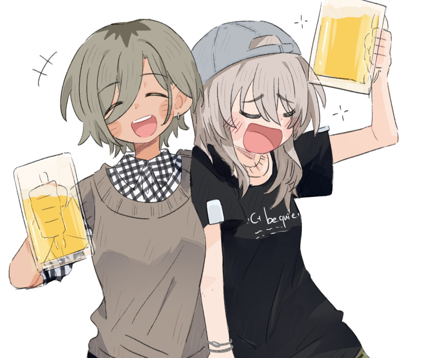2girls, alcohol, beer, beer_mug, black_shirt, blush, closed_eyes, collared_shirt, commentary, cup, dotty-44, drunk, earrings, girls_band_cry, grey_hair, grey_sweater_vest, hair_between_eyes, hand_on_another's_shoulder, highres, holding, holding_cup, jewelry, kawaragi_momoka, long_hair, long_hair_between_eyes, mole, mole_under_eye, mug, multicolored_hair, multiple_girls, open_mouth, plaid, plaid_shirt, roots_(hair), rupa_(girls_band_cry), shirt, short_hair, short_sleeves, simple_background, squeans, sweater_vest, symbol-only_commentary, teeth, u_u, upper_teeth_only, white_background, white_shirt
