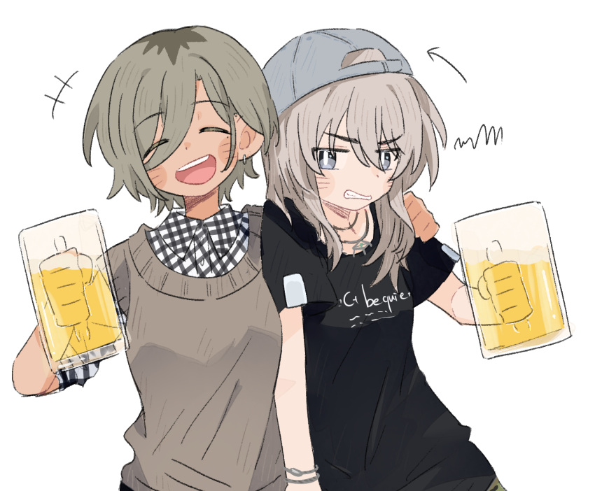 2girls, alcohol, beer, beer_mug, black_shirt, blush, clenched_teeth, closed_eyes
