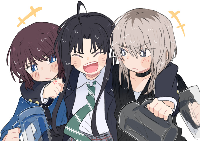 3girls, anger_vein, arm_around_neck, awa_subaru, beer_mug, black_hair, black_sweater, blue_shirt, blush, closed_eyes, closed_mouth, collared_shirt, commentary, cup, dotty-44, girls_band_cry, green_necktie, grey_eyes, grey_hair, grey_skirt, holding, iseri_nina, kawaragi_momoka, long_hair, long_sleeves, looking_at_another, mug, multicolored_hair, multiple_girls, necktie, open_mouth, redhead, roots_(hair), school_uniform, shirt, short_twintails, simple_background, skirt, smile, sweater, symbol-only_commentary, twintails, upper_body, wet, wet_hair, white_background, white_shirt