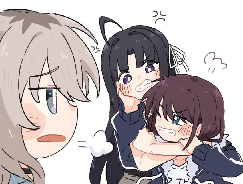 3girls, ahoge, anger_vein, awa_subaru, black_hair, blue_eyes, blue_jacket, choke_hold